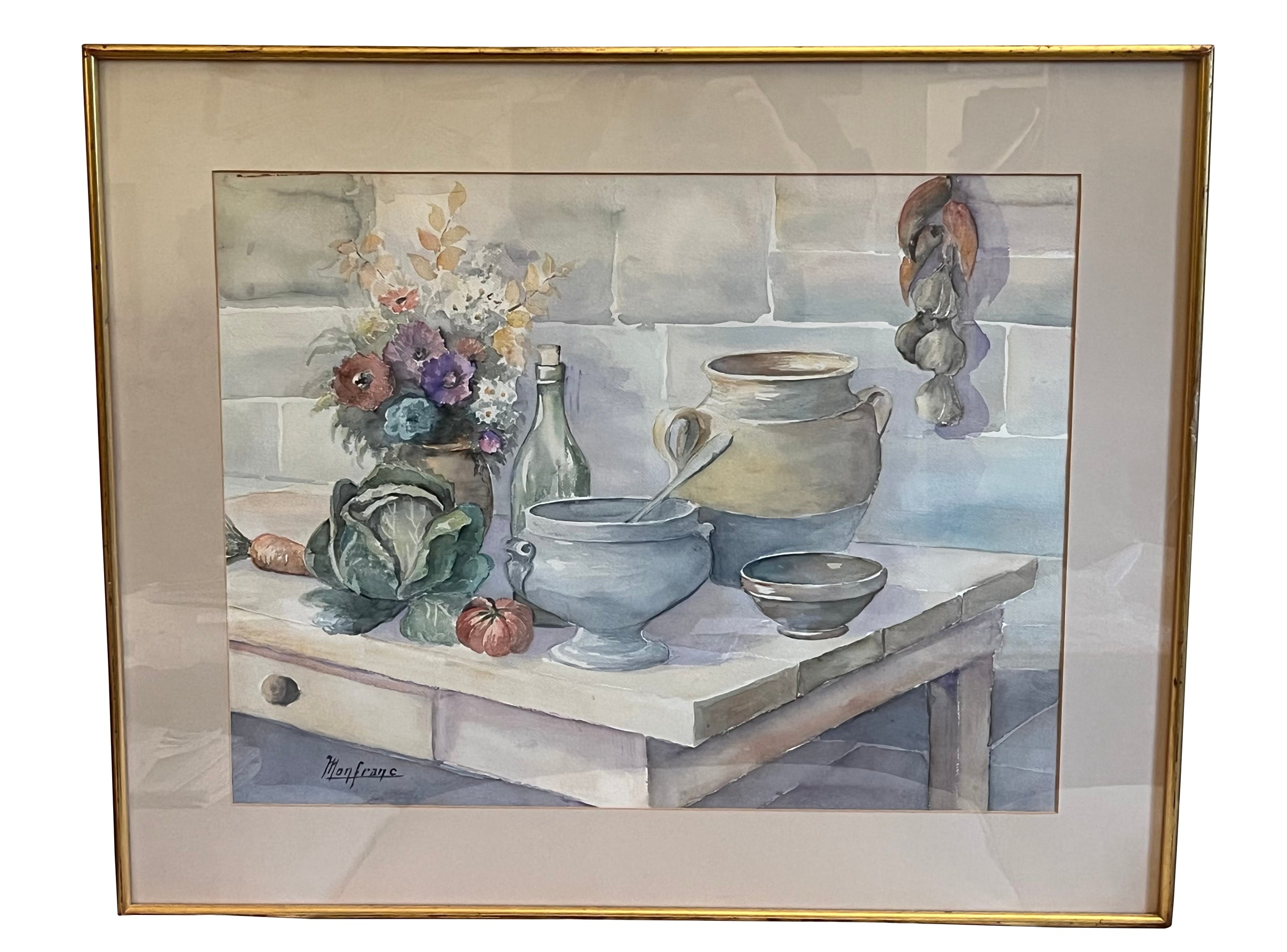 Large 20th Century still life watercolour of a a kitchen table with confit pots, flowers, tureen, bowl and vegetables - Vintage paintings