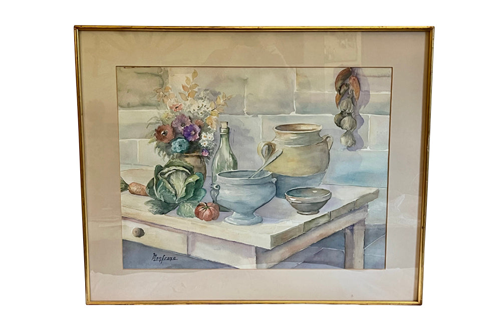 Large 20th Century still life watercolour of a a kitchen table with confit pots, flowers, tureen, bowl and vegetables - Vintage paintings