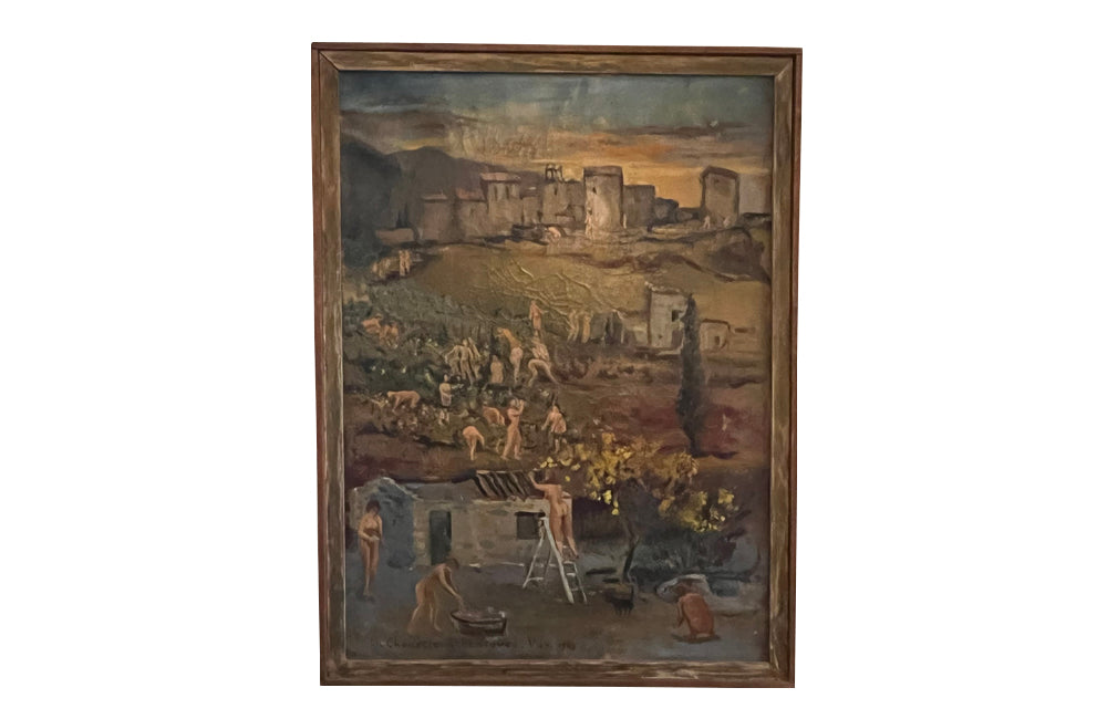 20th Century oil on canvas painting of grape pickers harvesting grapes in Provence, the south of France.