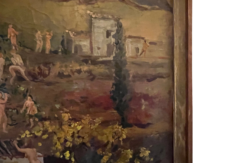 20th Century oil on canvas painting of grape pickers harvesting grapes in Provence, the south of France.