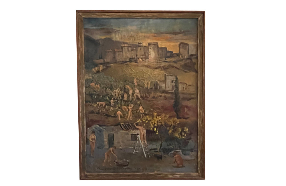 20th Century oil on canvas painting of  grape pickers harvesting grapes in Provence, the south of France.