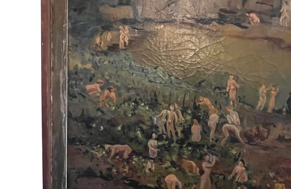 20th Century oil on canvas painting of grape pickers harvesting grapes in Provence, the south of France.