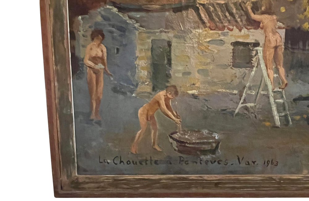 20th Century oil on canvas painting of grape pickers harvesting grapes in Provence, the south of France.