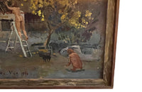 20th Century oil on canvas painting of grape pickers harvesting grapes in Provence, the south of France.