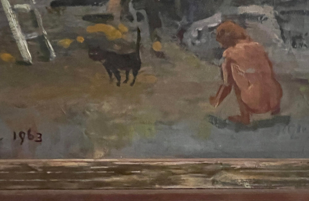 20th Century oil on canvas painting of grape pickers harvesting grapes in Provence, the south of France.