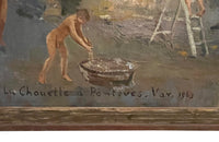 20th Century oil on canvas painting of grape pickers harvesting grapes in Provence, the south of France.