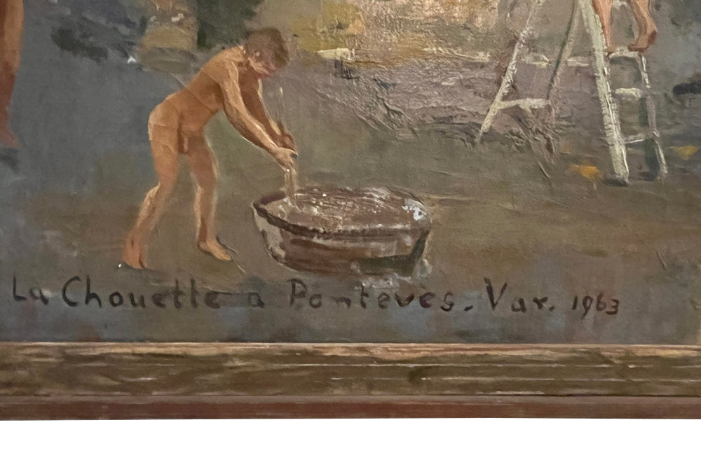 20th Century oil on canvas painting of grape pickers harvesting grapes in Provence, the south of France.