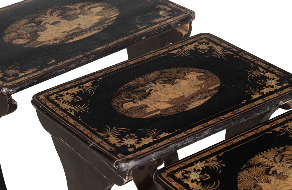 Nest of three black lacquered chinoiserie tables with gilt decorative scenes - Antique Side Tables