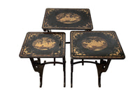 Nest of three black lacquered chinoiserie tables with gilt decorative scenes - Antique Side Tables