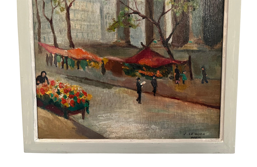 Oil on wood painting of the flower market at the Madelaine, Paris.