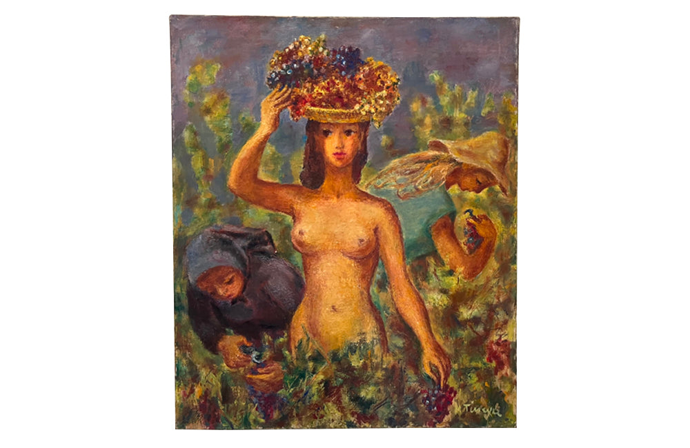 colourful and amusing 20th Century painting of a grape harvest