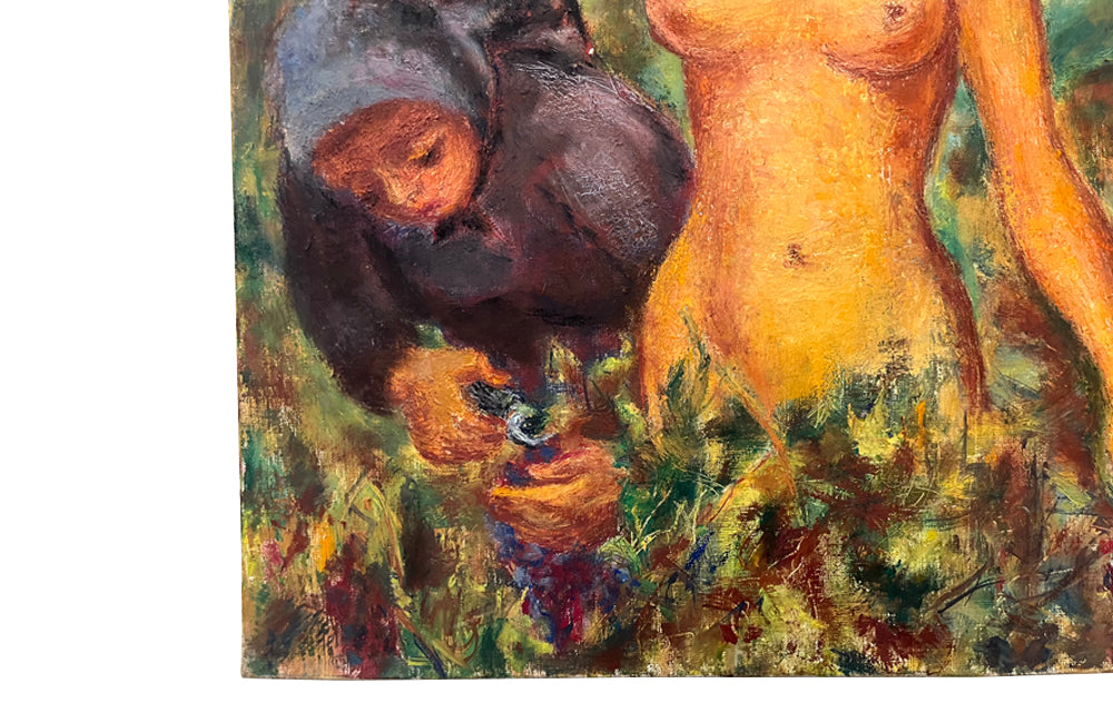 colourful and amusing 20th Century painting of a grape harvest