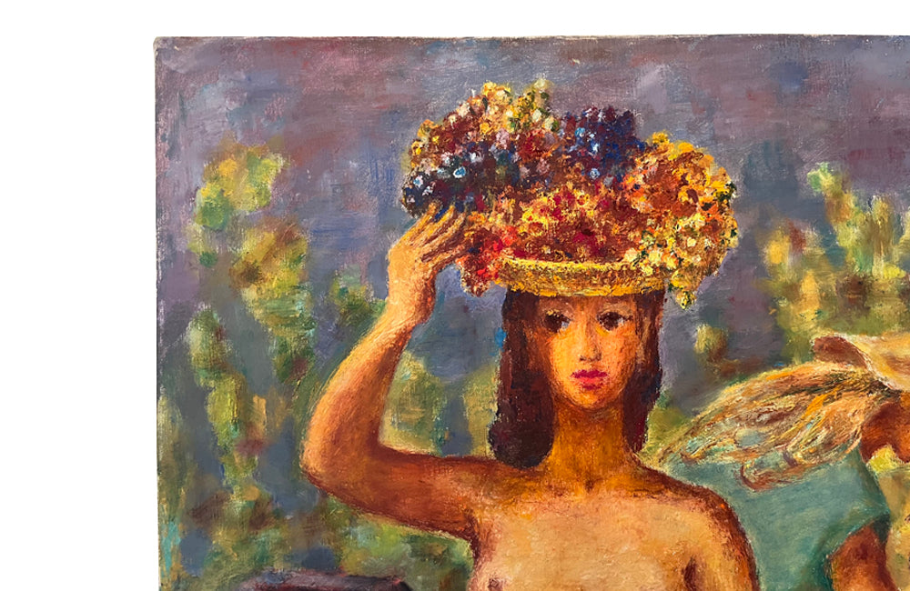 colourful and amusing 20th Century painting of a grape harvest