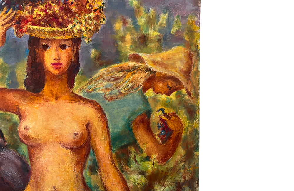 colourful and amusing 20th Century painting of a grape harvest