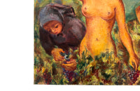 colourful and amusing 20th Century painting of a grape harvest