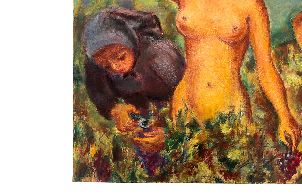 colourful and amusing 20th Century painting of a grape harvest