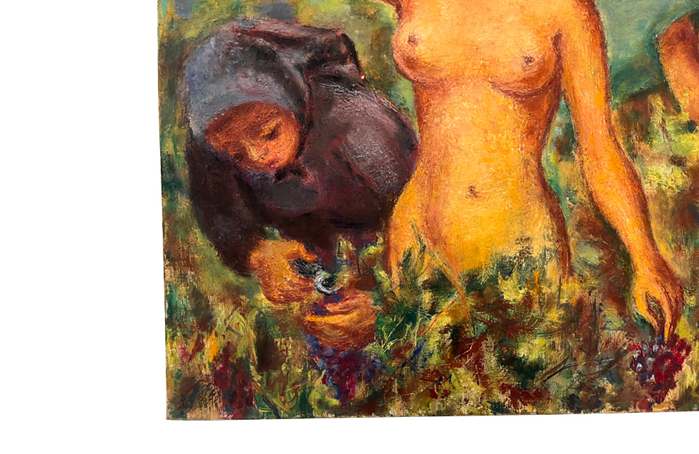 colourful and amusing 20th Century painting of a grape harvest