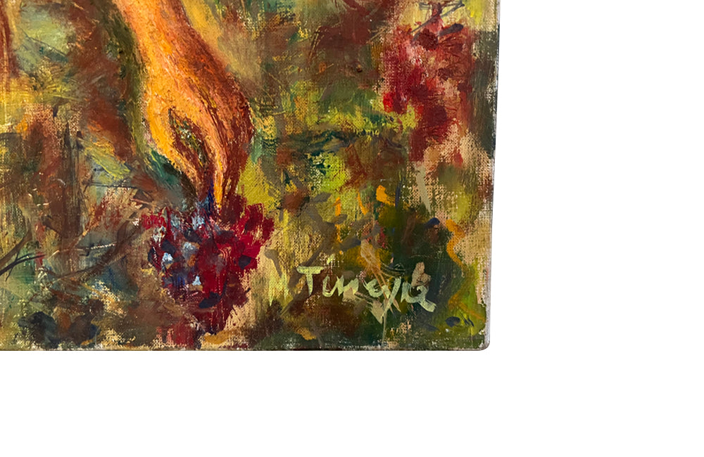 colourful and amusing 20th Century painting of a grape harvest