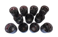 Set of eleven cut deep red glass whisky glasses.
