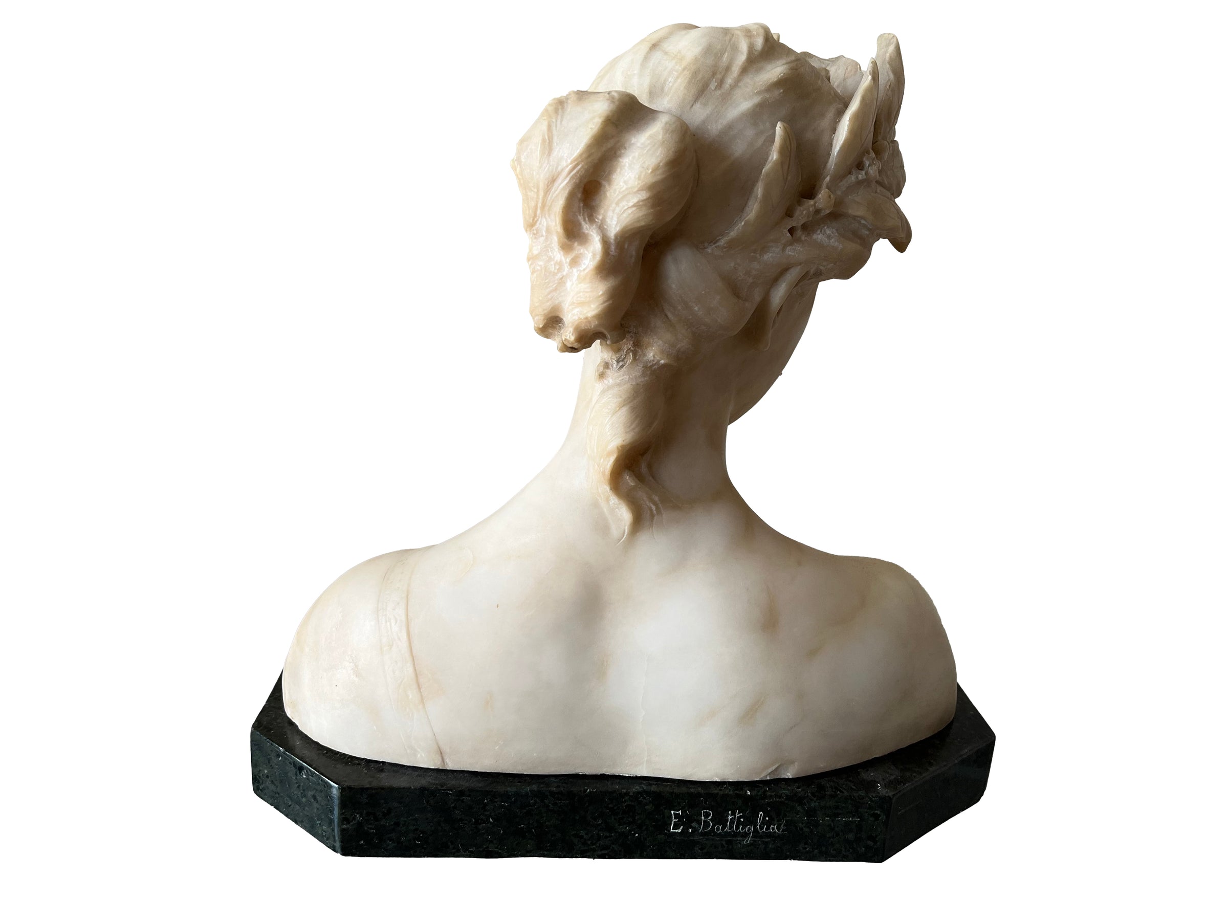 20th Century marble bust of a serene young woman with laurel wreath in hair and fine robe.