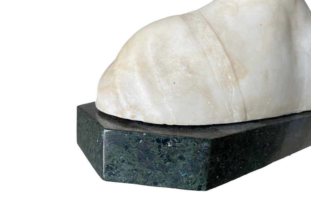 20th Century marble bust of a serene young woman with laurel wreath in hair and fine robe.