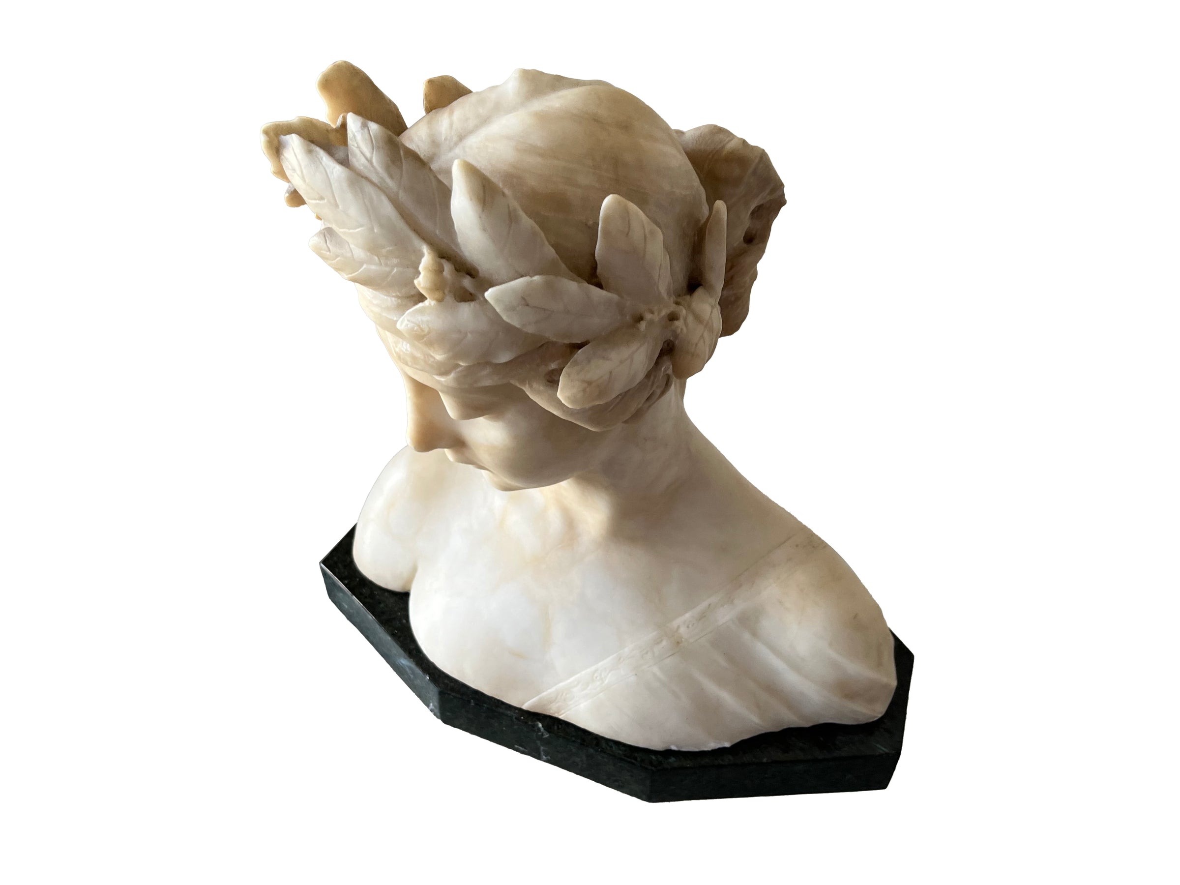 20th Century marble bust of a serene young woman with laurel wreath in hair and fine robe. 