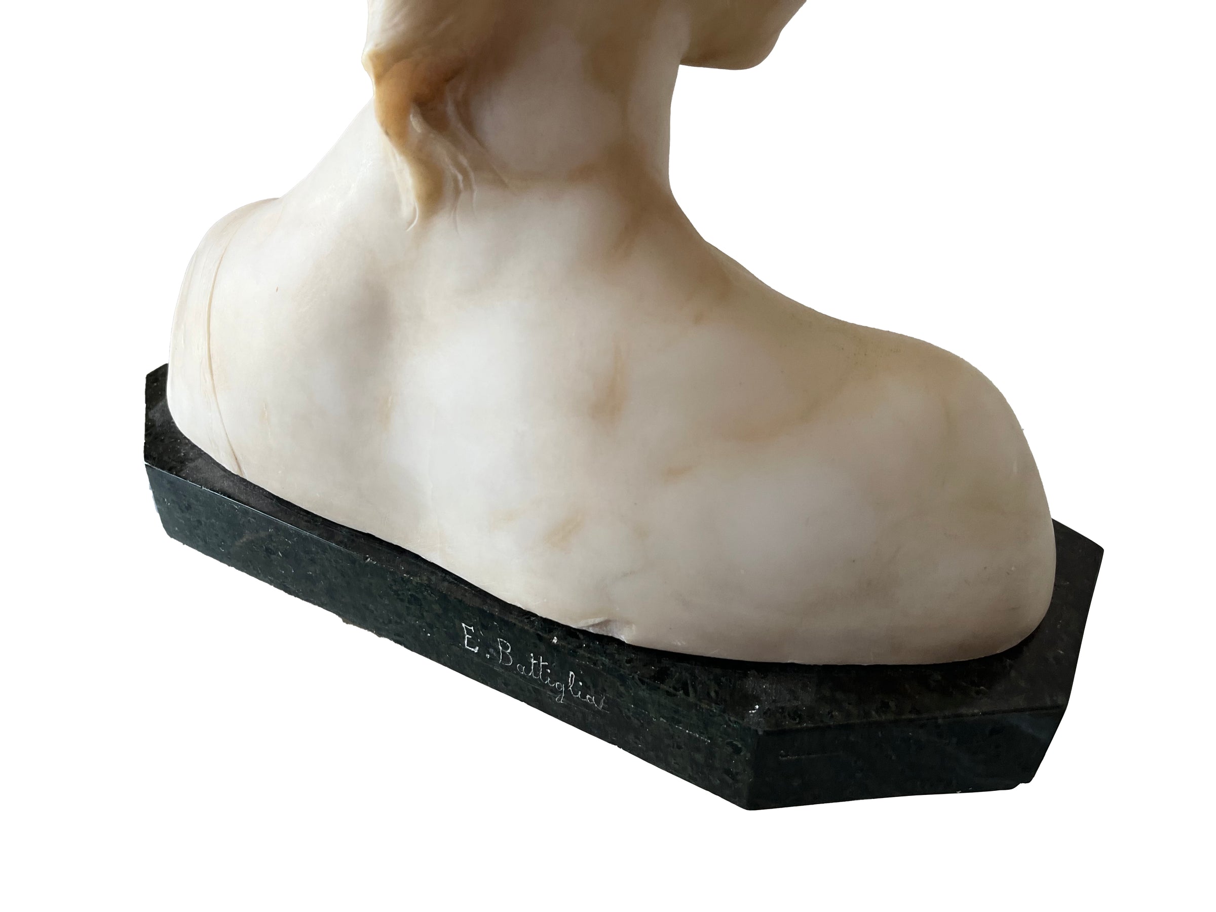 20th Century marble bust of a serene young woman with laurel wreath in hair and fine robe.