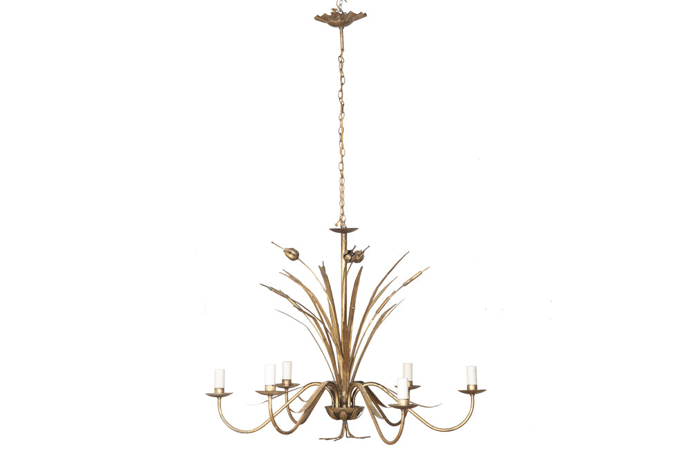 Spanish gilt metal, bulrush chandelier with six branches .