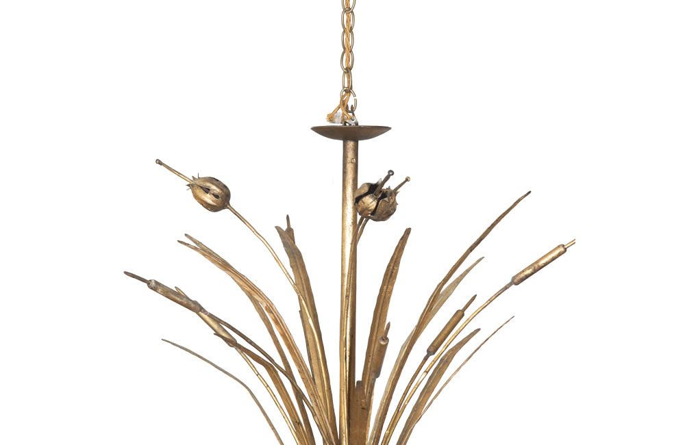 Spanish gilt metal, bulrush chandelier with six branches .