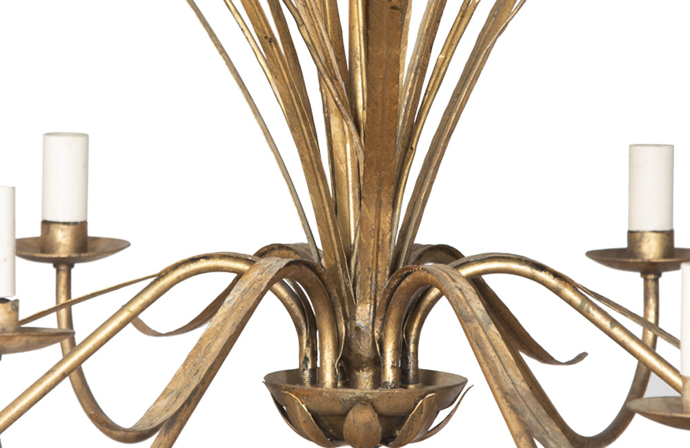 Spanish gilt metal, bulrush chandelier with six branches .