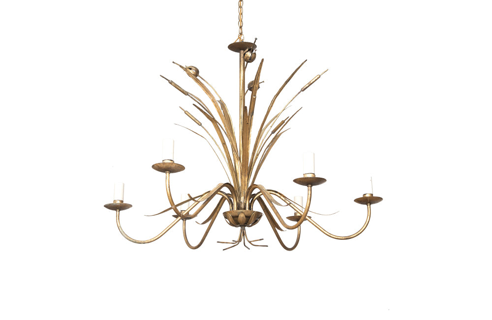 Spanish gilt metal, bulrush chandelier with six branches .