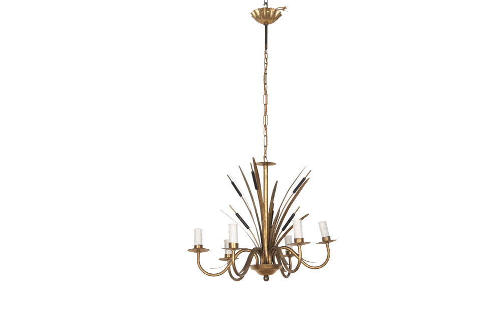 Hollywood Regency style, gilt metal, bulrush chandelier with six black flower spikes