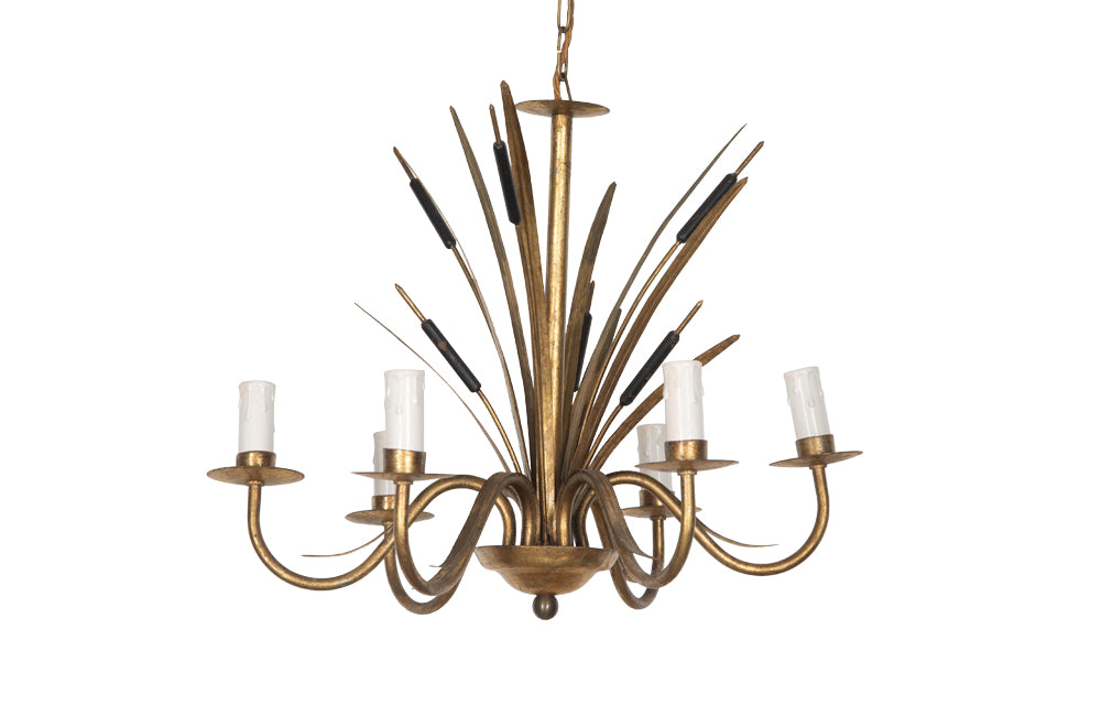 Hollywood Regency style, gilt metal, bulrush chandelier with six black flower spikes