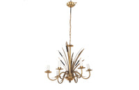 Hollywood Regency style, gilt metal, bulrush chandelier with six black flower spikes