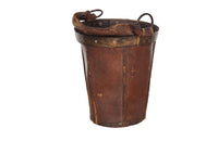 Mid-century Spanish fire bucket in brown leather with metal riveted rim