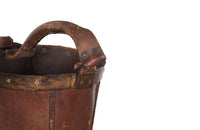 Mid-century Spanish fire bucket in brown leather with metal riveted rim