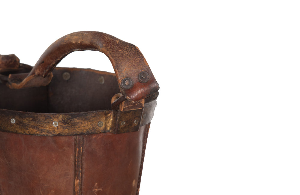Mid-century Spanish fire bucket in brown leather with metal riveted rim