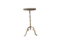 Spanish, gilt iron martini table with decorative coiled rim top, twisted stem and shaped tripod base with arrow point feet.