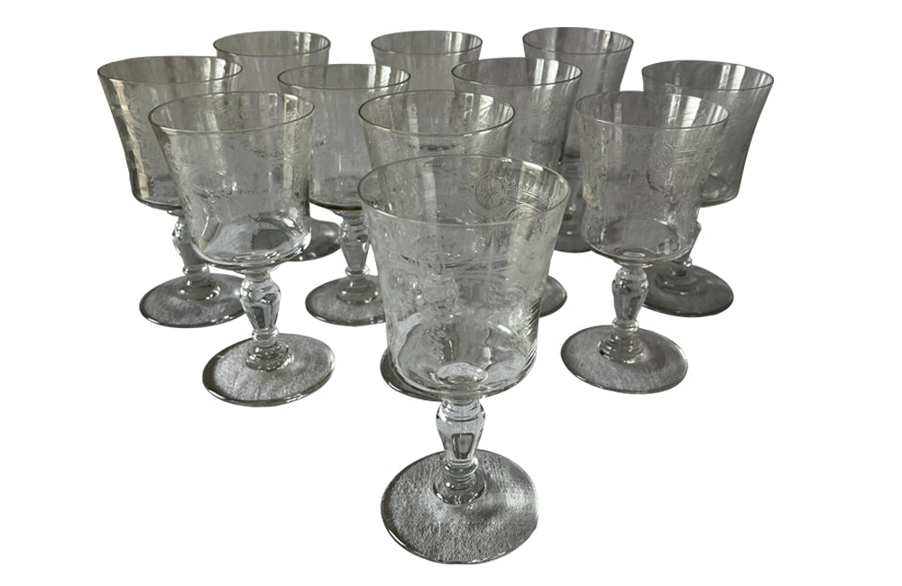BEAUTIFUL SET OF NINE ETCHED WINE GLASSES