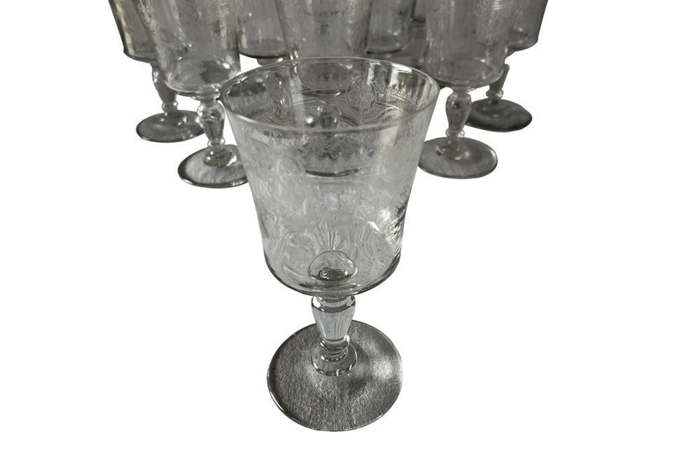BEAUTIFUL SET OF NINE ETCHED WINE GLASSES
