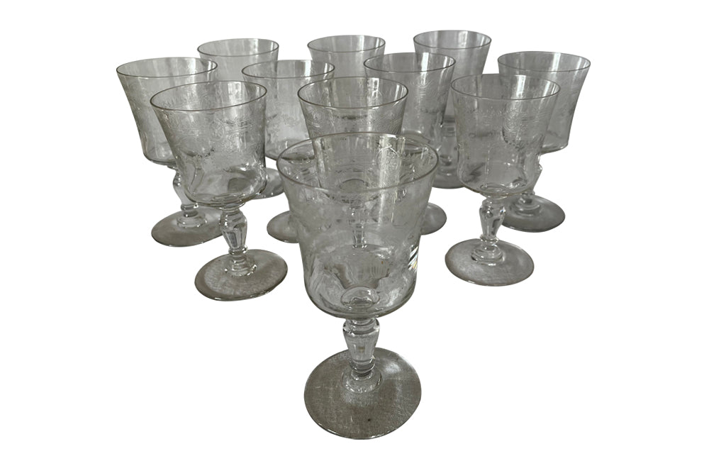 BEAUTIFUL SET OF NINE ETCHED WINE GLASSES
