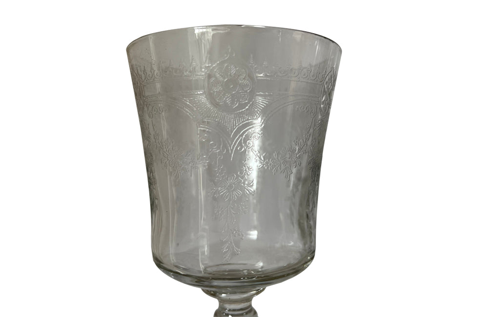 BEAUTIFUL SET OF NINE ETCHED WINE GLASSES