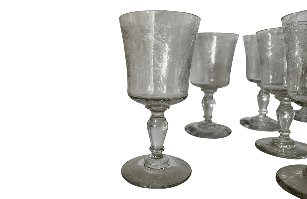 BEAUTIFUL SET OF NINE ETCHED WINE GLASSES