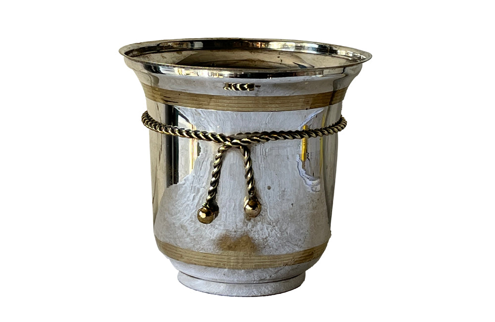 Chic, silverplate champagne bucket with brass banding and rope tassle decoration. Stamped E.P.N.S India.