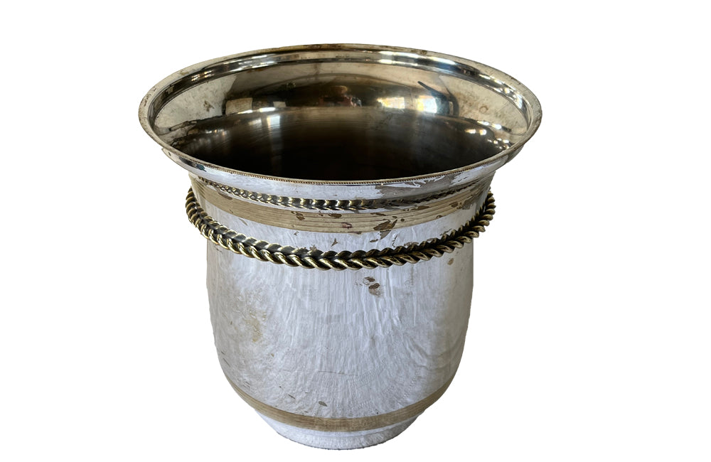 Chic, silverplate champagne bucket with brass banding and rope tassle decoration. Stamped E.P.N.S India.