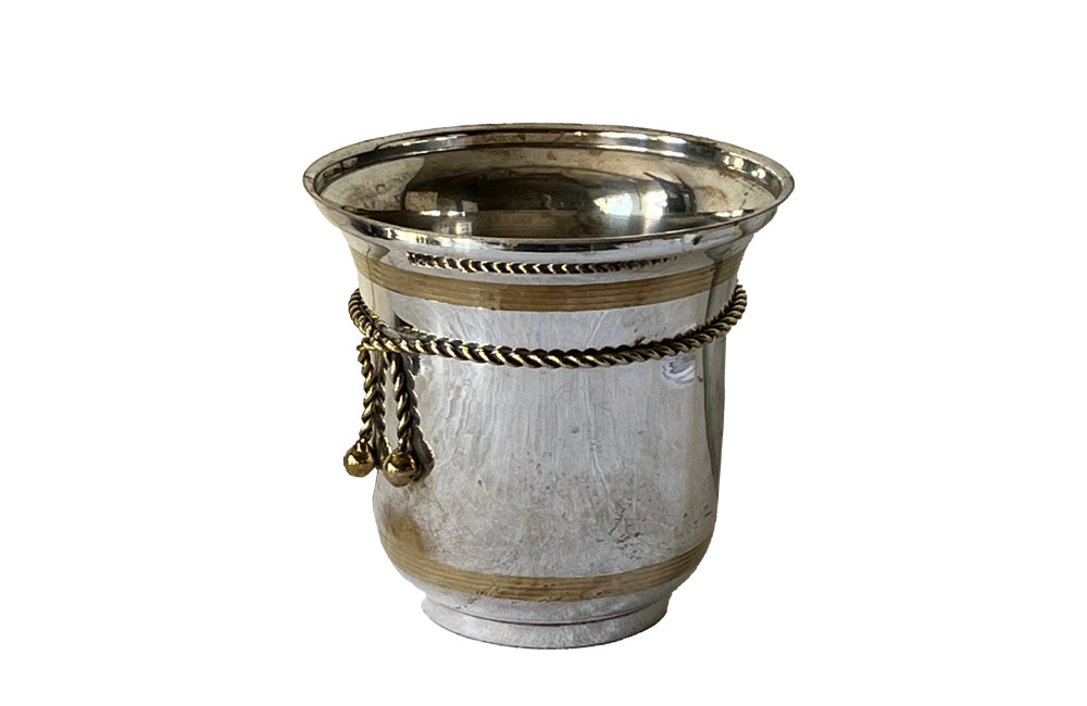 Chic, silverplate champagne bucket with brass banding and rope tassle decoration. Stamped E.P.N.S India.