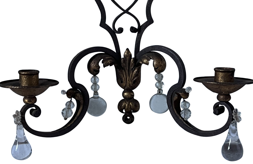 A pair of Antique French iron and gilt iron wall sconces with glass drops - Antique Lighting - Decorative Antiques - AD & PS Antiques
