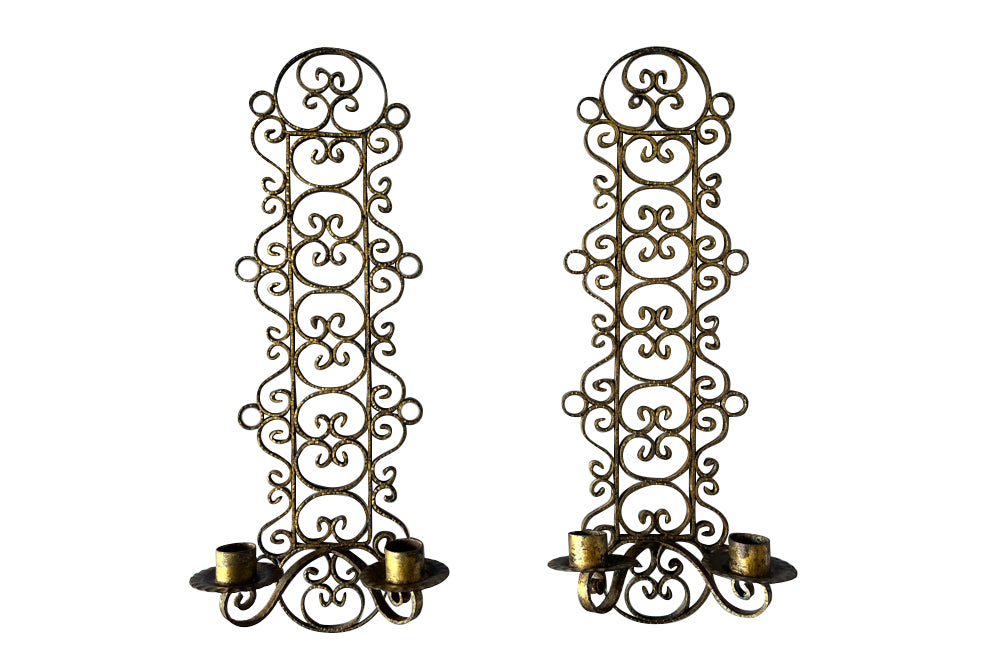 Pair of mid 20th Century Spanish gilt scroll work iron wall sconces