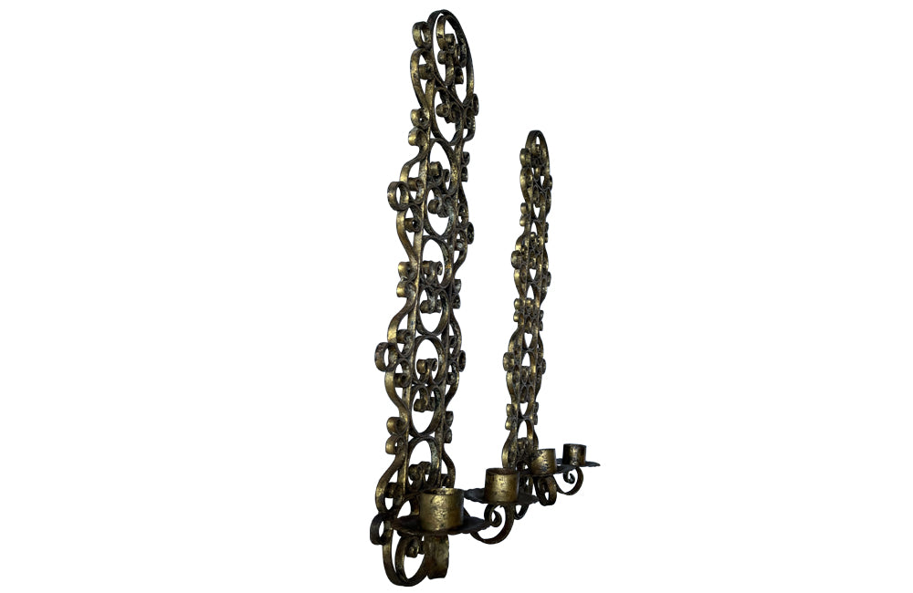 Pair of mid 20th Century Spanish gilt scroll work iron wall sconces.