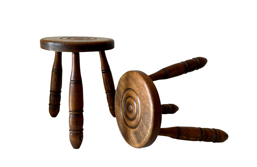 Pair of French vintage round oak stools with shaped carved legs